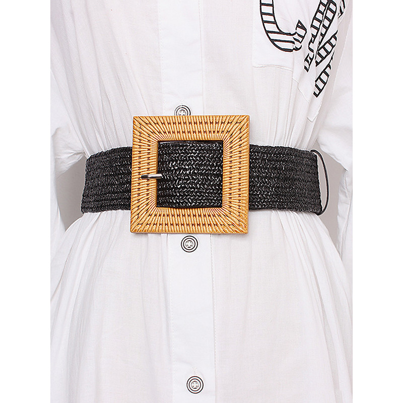 Women's Woven Straw Belt with Oversized Square Buckle – Boho Chic Style, Adjustable Fit for Casual or Beach Wear, Perfect for Spring and Summer Outfits