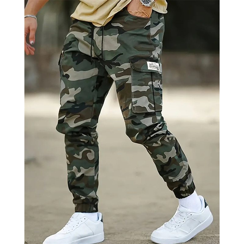 Men's Cargo Pants Trousers Drawstring Elastic Waist Multi Pocket Camo Wearable Outdoor Daily Camping Hiking Fashion Classic Army Green Gray
