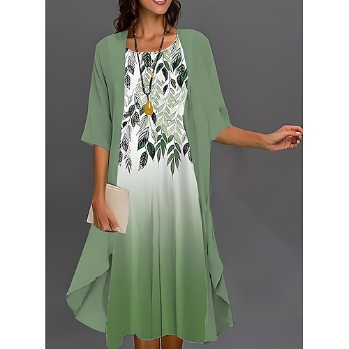 Damen Abschlusskleid Midi Kleid Chiffon Kleid Shift Kleid Sommerkleid Elegant Urlaub Formal Formell Hochzeitsgast Alltag Lockere Passform Floral Grafik Halblange Ärmel Rundhalsausschnitt Grün Sommer Image