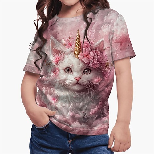 Mädchen 3D Graphic Katze T-Shirt Kurzarm Sommer Frühling Modisch Basic kinderkleidung 4-12 Jahre Rundhalsausschnitt Outdoor Casual Täglich Regular Fit Image