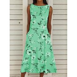 Damen Midikleid Freizeitkleid Trägerkleid Sommerkleid Elegant Urlaub Stilvoll Urlaub Ferien Lässiger Schnitt Blumen Ärmellos Rundhalsausschnitt Rosa Blau Purpur Grün Sommer