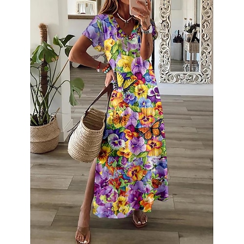 Damen Maxikleid Paisley-Kleid Freizeitkleid Langärmliges Boho-Kleid A Linie Kleid Bohemien Urlaub Vintage Täglich Urlaub Normale Passform Blumen Kurzarm V Ausschnitt Blau Schwarz Rosa Himmelblau Image