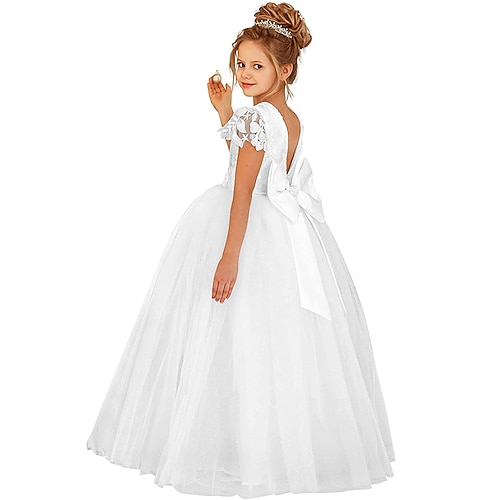Blumenmädchenkleid, Spitzenkleid für Kinder, formelles Kleid, Prinzessinnenkleid, Erstkommunionkleid, Aufführung, Hochzeit, Party, elegant, schönes Spitzennetz, einfarbig, kurze Ärmel, Rundhalsausschnitt, Hellrosa, Weiß, 4 Image