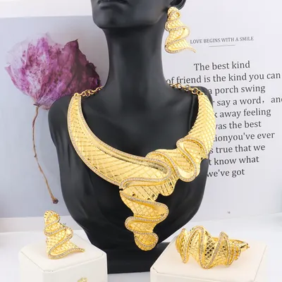 African Fashion Earrings Necklace Ring Bracelet Jewelry Set for Women Luxury Gold Color unique Design Italy Wedding Gift
