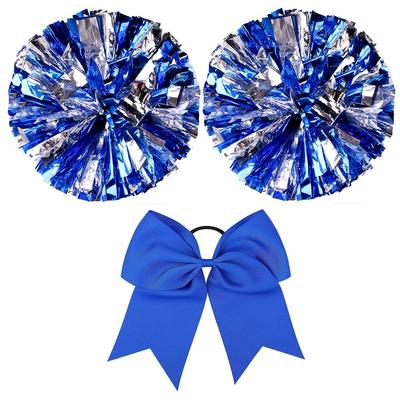 TEMU 3pcs Cheerleading Pom Pom Blue Mixed Silver And Large 8in Cheerleading Adult Hair Bow Metal Cheerleading, Suitable For Team Dance Cheer