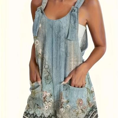 TEMU Casual Tie-front Romper With Pockets And A Stylish Print For Women Image
