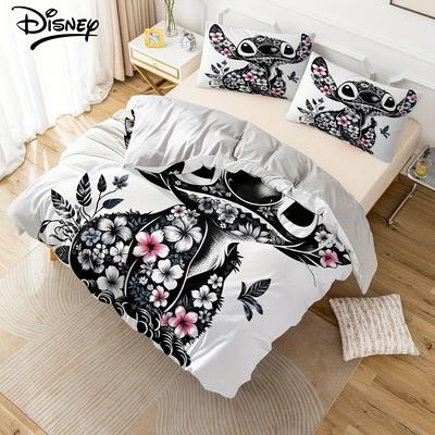TEMU Authorized 3pcs Stitch Star And Stitch Bedding Set Features 1 Quilt Cover And 2 Pillowcases, Making It An Ideal For Room Decor In Different Sizes. Image