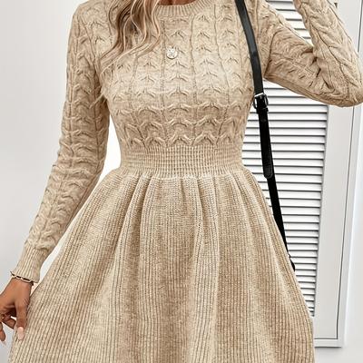 TEMU Solid Cable Knit Shirred Waist Dress, Elegant Ruffle Hem Long Sleeve Dress For Fall & Winter, Women's Clothing Wedding Graduation Engagement Occasion Party Holiday Vacation Birthday Image