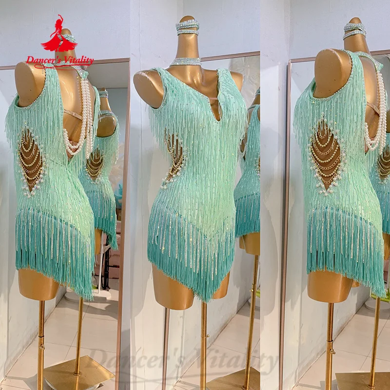Latein-Tanzkleid, maßgeschneidert, exquisite Perlen-Quasten-Kleider für Erwachsene und Kinder, Tango, Cha Cha, Samba, professionelles Performance-Kostüm Image