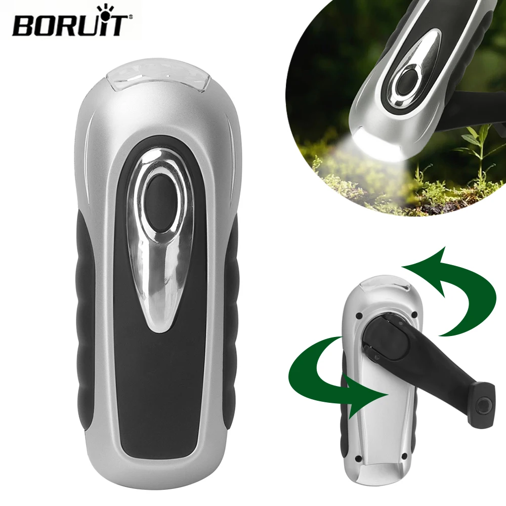 BORUIT LED-Taschenlampe, Handkurbel, Dynamo, Solarenergie, Taschenlampe, Outdoor, Camping, Wandern, große Reichweite, Notfalllaterne, Überlebensausrüstung, selbst Image
