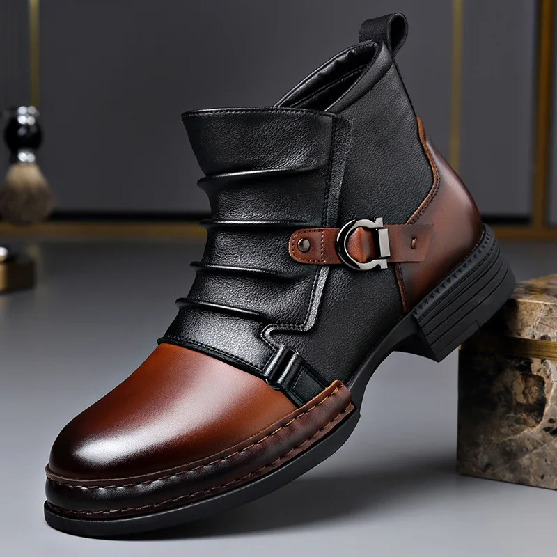 Herrenmode Bühne Nachtclub Original Lederstiefel schwarz braun Schuhe Markendesigner Cowboy Plateaustiefel coole Knöchelstiefel männlich