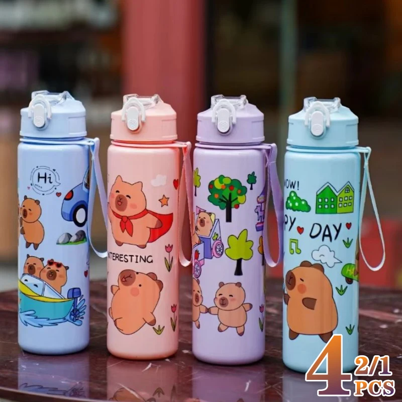 1/2/4PCS Capibara Stroh Becher Nette kinder Hochwertige Student Tragbare Cartoon Becher mit Trage string Wasser Flaschen Image