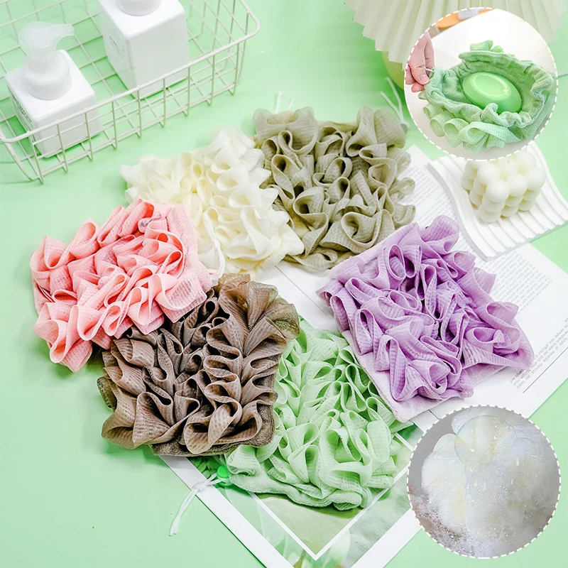 2-in-1 Bade kugel Handtuch Luffa mit Kordel zug für Seife weiches Peeling Mesh Dusch schwamm Hautpflege Bade werkzeug Image