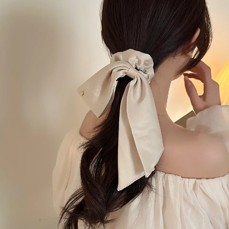 Koreanische Frau Große Elegante Seide Gummi Haar Band Schwarz Satin Bogen Scrunchies Haar Krawatten Damen Pferdeschwanz Halten Haar Zubehör