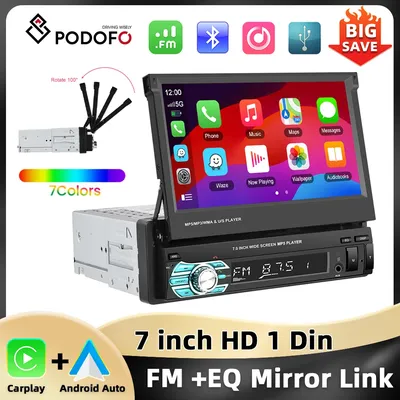 Podofo 7'' Retractable Screen Car Radio 1Din MP5 Player Carplay Android Auto D-Play Mirror link Bluetooth FM Multimedia Player