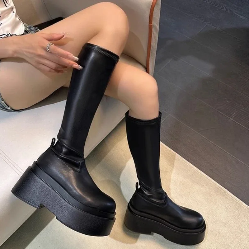 Frauen Punk High Boots Mode Plattform dicken Boden Damen elegante lange Ritter Stiefeletten Winter Damenschuhe