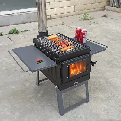 Outdoor Camping Wood Stove, Portable Charcoal Barbecue Grill, Stainless Steel, Multifunctional Cooking Tent Stove
