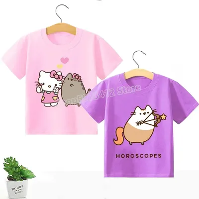 Pusheen Kids T-shirt Cute Kitty Graphic Print Shirts Children Tees 100% Cotton Tops Kids Clothes