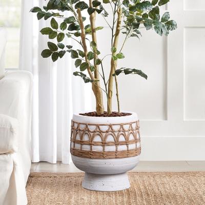 Boho White with Brown Accents 11-Inch Round MgO Planter - 11.81" H x 11.02" Diameter