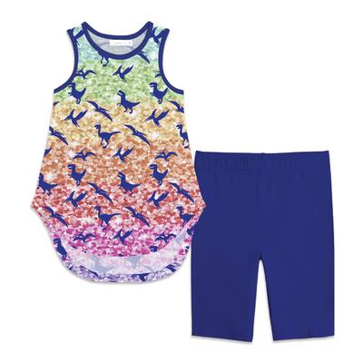 Blue & Multi Color Ombre & Dinosaur Hi-Low Tank Top & Bike Shorts