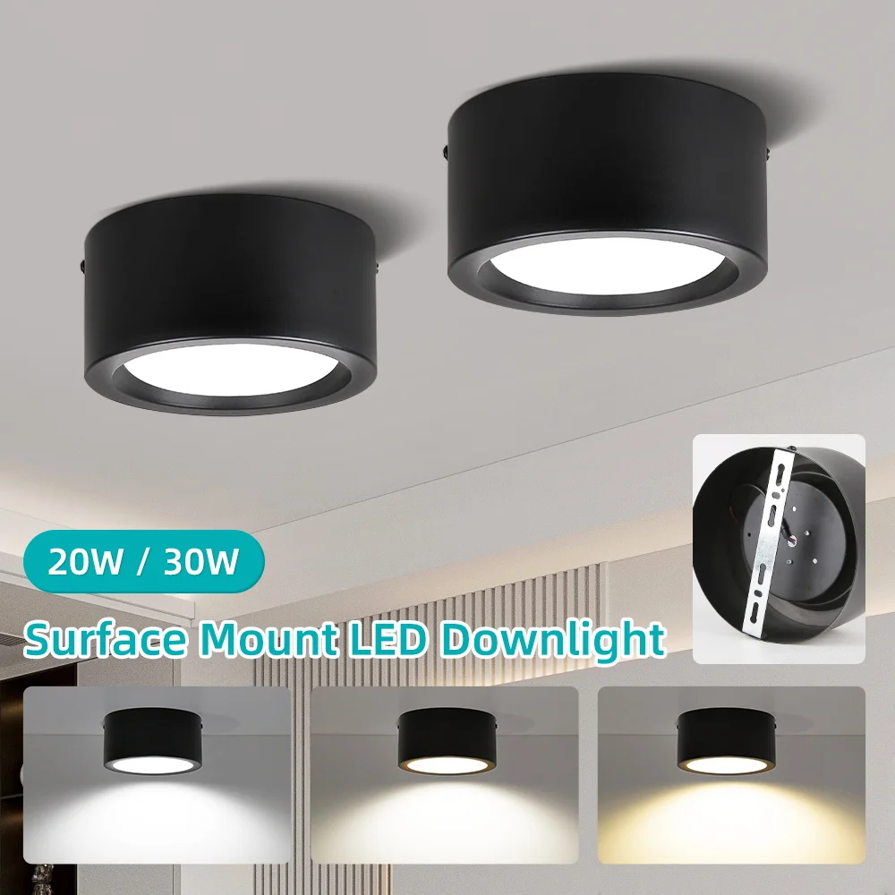 LED-Downlight, AC220 V, 20 W, 30 W, rundes Oberflächenmontage-Spotlicht, 3 Farben, verstellbare Deckenleuchte für Schlafzimmer, Küche, Innen-Down-Lampe
