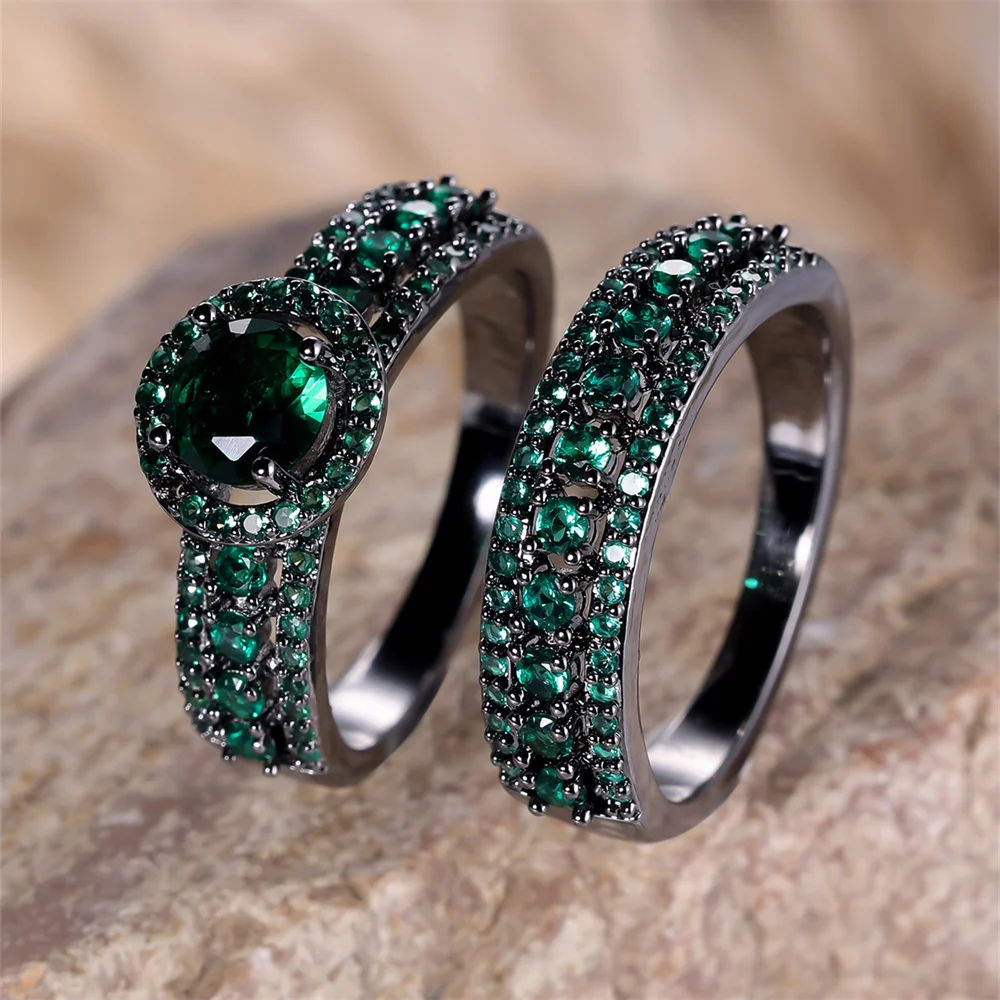 Luxus Kristall runden Stein Ring Set grün Zirkon Verlobung Doppel ringe für Frauen Vintage schwarz Metall Hochzeit Schmuck Sets Geschenk