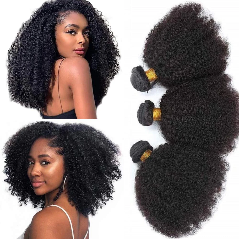 Afro Kinky Curly Echthaar-Bündel, lockiges Gewebe, 100 % unverarbeitete Jungfrau-Erweiterungen für schwarze Frauen, natürliche Farbe, 20,3–50,8 cm Image