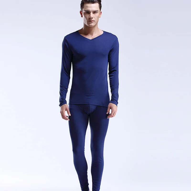 Männer Modal Dünne V-ausschnitt Slim Fit Plaid Bodenbildung Jugend Warme Herbst Kleidung Herbst Hosen Unterwäsche Set Image