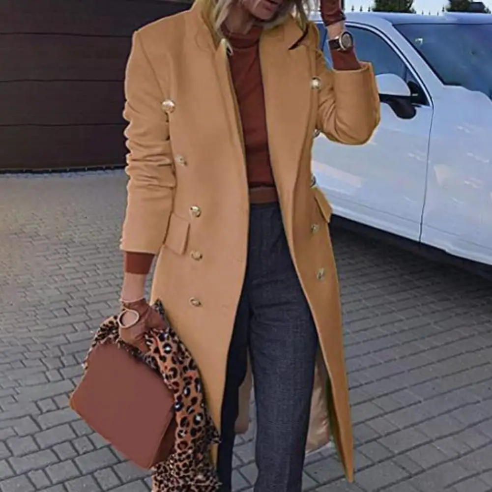 Cappotto da donna in misto lana Cappotto di lana caldo doppiopetto tinta unita slim fit Cappotto da donna con colletto rovesciato autunno inverno