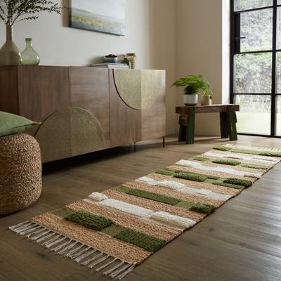 Teppich FLAIR RUGS "Medina Blocks, mit abstrakten Linien", grün, B:60cm H:22mm L:230cm, Jute, Wolle, Teppiche, aus Jute/-und Wollmischung, mit Hoch-Tief-Struktur, gemustert Image