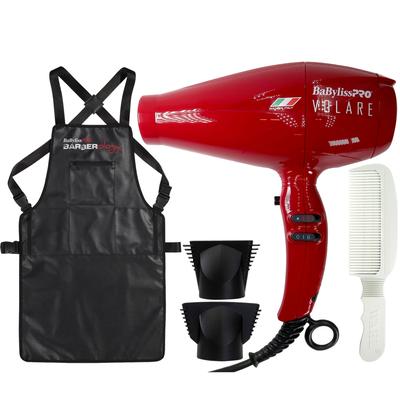 BaByliss Pro Volare Nano Titanium Hair Dryer 2000-Watt (Red) #BRVOL1 + Babyliss Pro Barber Apron + Wahl Flat Top Comb