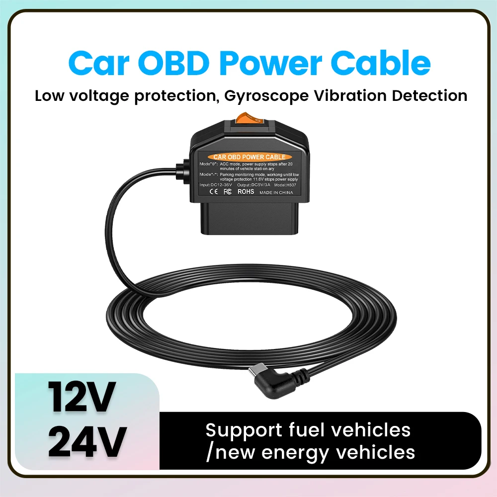 NaviFly Auto-OBD-Stromkabel, Länge 35 mm, 24 Stunden, für Dashcam, Camcorder, Fahrzeug, DVR, Typ C/MiNi, rechtwinkliger Stecker, Plug-and-Play Image