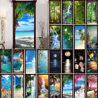 3D DIY selbstklebende Strandtür Aufkleber PVC Wasserfall Sonnenschein Wald Tapete Wohnzimmer Kunst Image