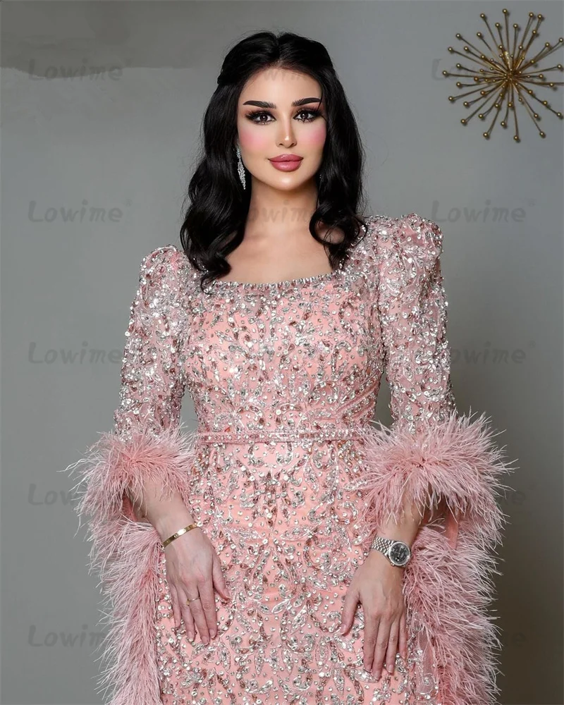 Pink Long Sleeve Feathers Muslim Evening Dresses Elegant Plus Size Customized Women Prom Party Dress Aso Ebi Vestidos De Gala