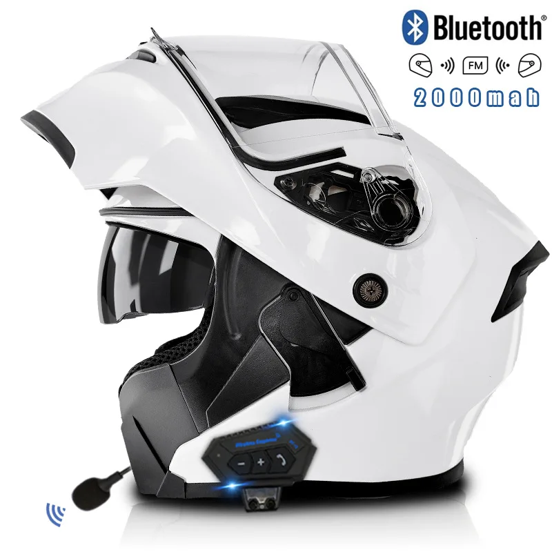 Bluetooth-Motorradhelm mit 2000-mAh-Akku, Doppellinse, hochklappbarer, großer Integralhelm für Damen und Herren Image