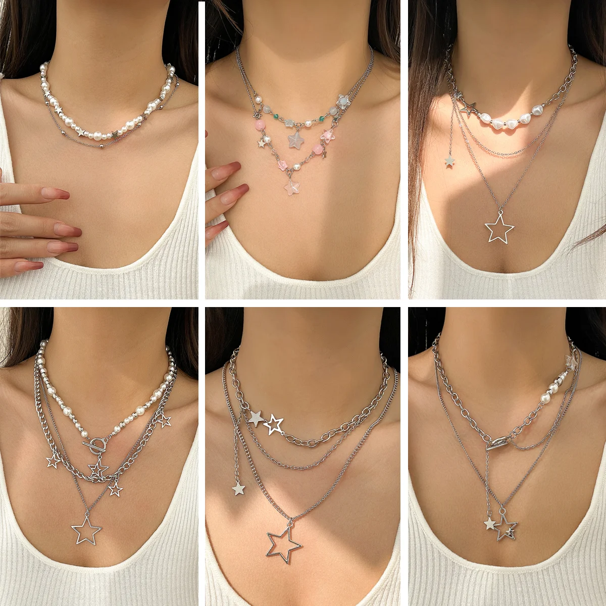 Ingemark 6 Stile elegante Imitationsperlen Acryl CCB Stern Anhänger Halskette trendige Hip-Hop coole Legierung Kette Y2K Schmuck Image