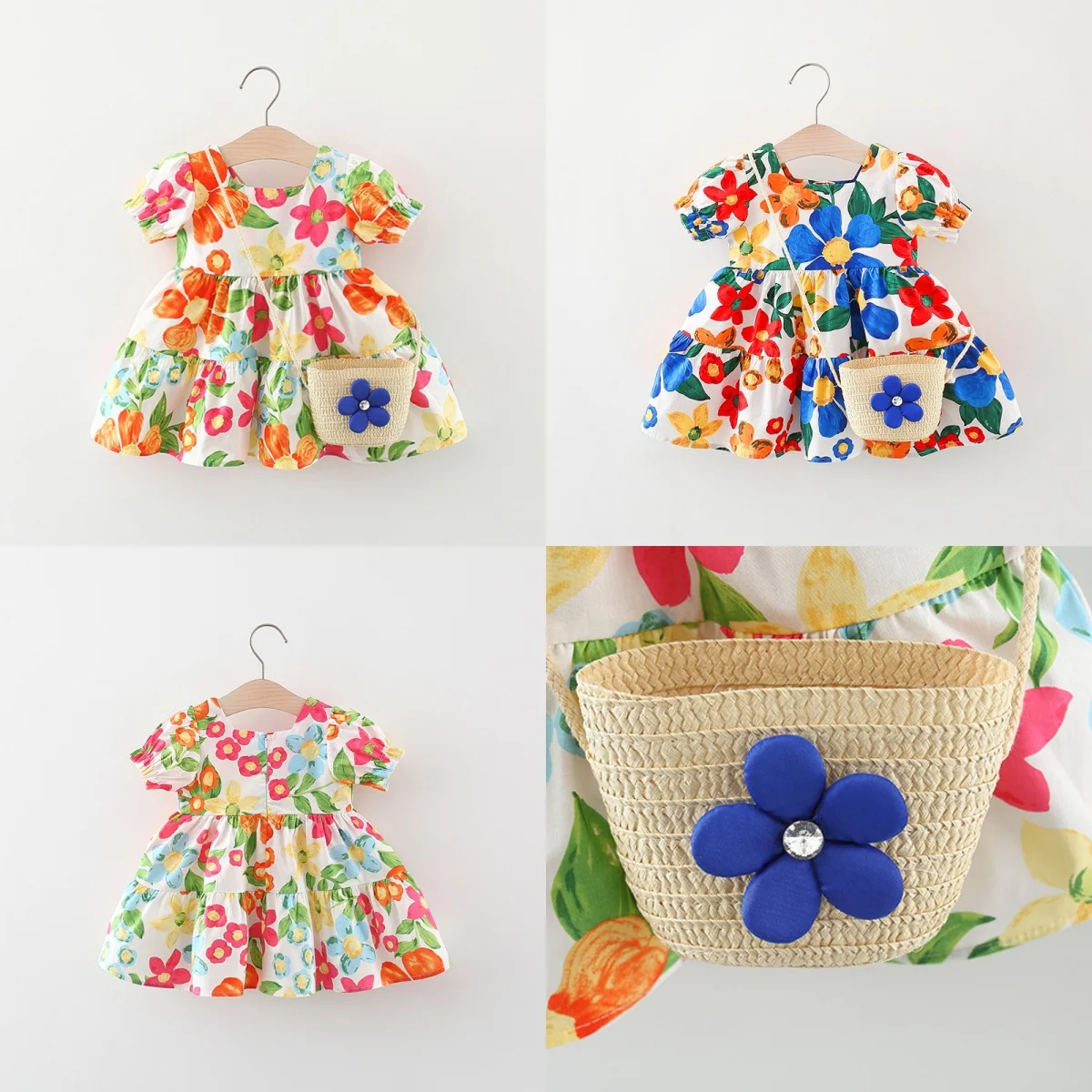 Mädchen kleid Sommer Kinder kleidung neue ländliche Kinder kleid tropisch bedruckte kurz ärmel ige Baumwoll rock Riemen Tasche Image