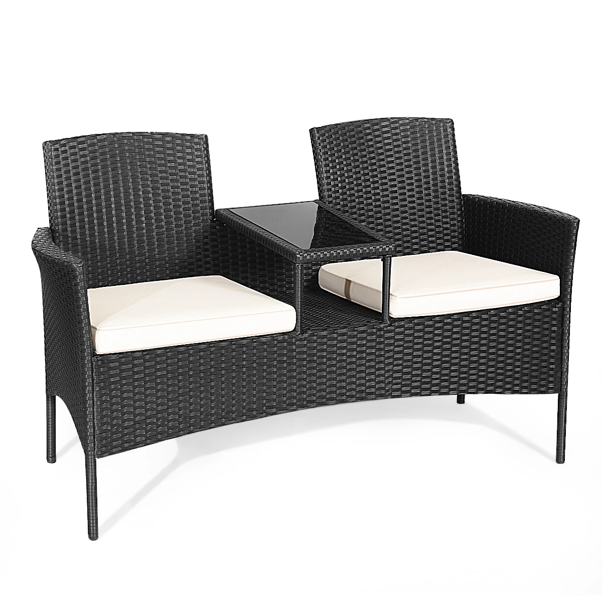 Polyrattan Gartenbank, 2-Sitzer Gartenmöbel Set mit Tisch & Kissen, 138 x 61 x 85 cm, Rattan Sitzbank wetterfest, Balkonmöbel