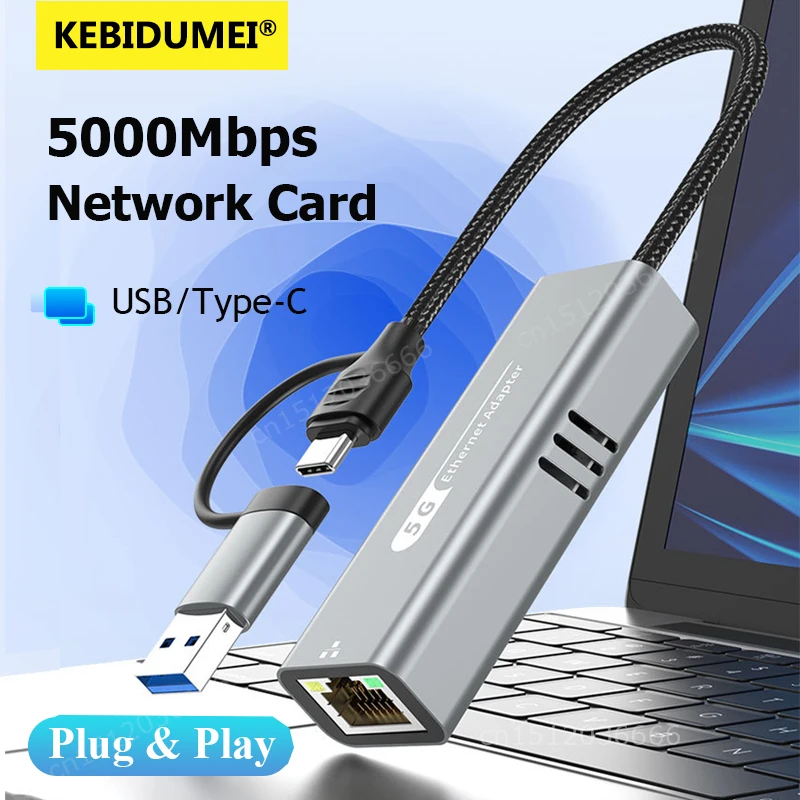 Adattatore Ethernet da USB a 5 Gbps Convertitore di rete con chip da USB3.2 a RJ45 RTL8157 Supporto 5G/2.5G/1G/100Mbps per PC Windows 11 Laptop