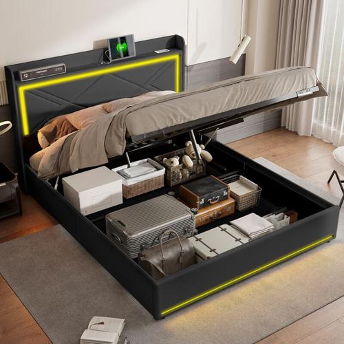 Doppelbett Polsterbett 140x200 cm, hydraulisches Boxspringbett mit verstellbarer LED-Beleuchtung,