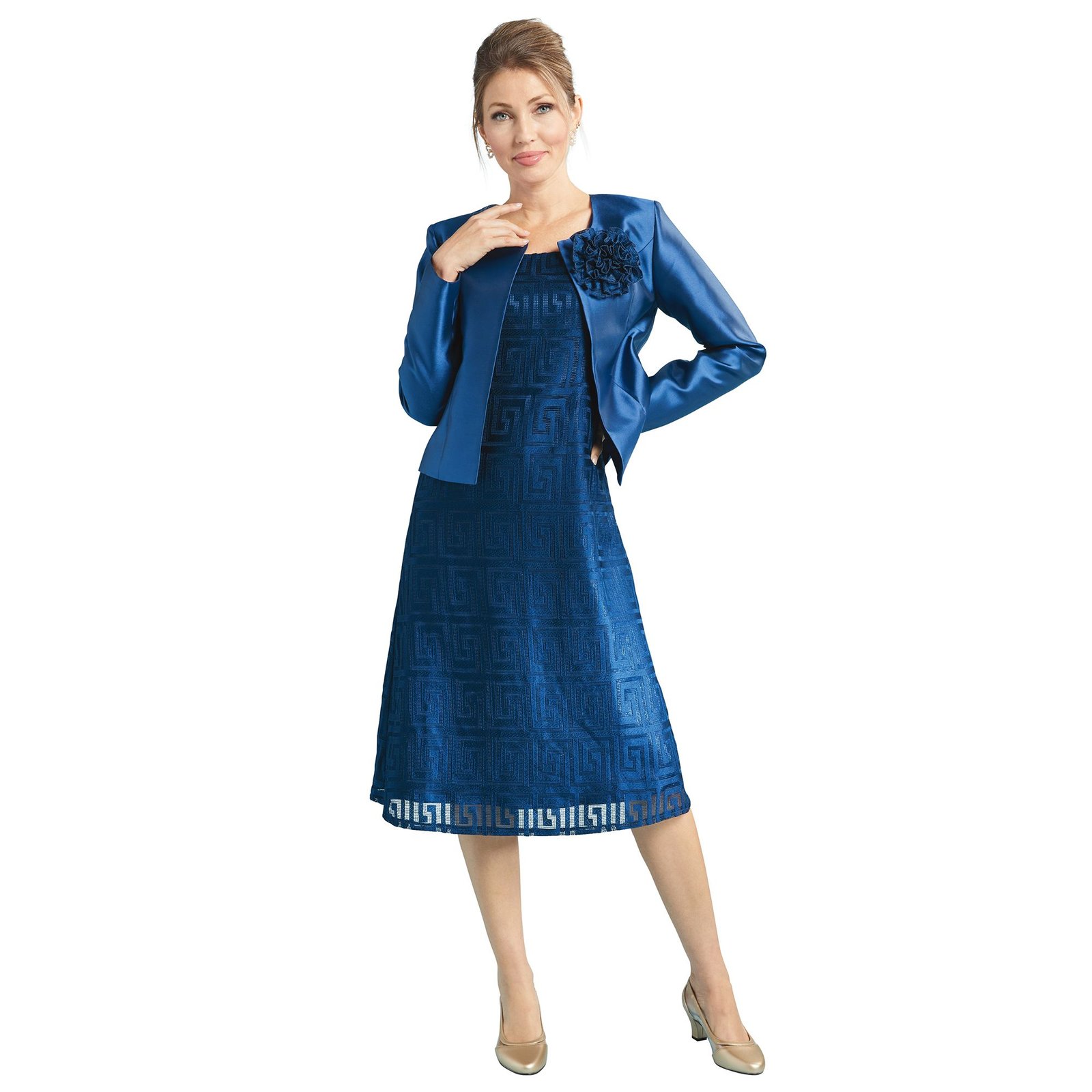 Masseys Geometric Dress with Jacket (Size 26W) Navy, Polyester