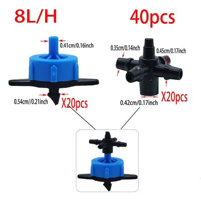 TEMU 40pcs Drip Irrigation Kit: Adjustable 2l/4l/8l Pressure Compensating Emitters, Micro Connectors & 3/5 Hose Tees For Garden And Potted Plant Watering Image