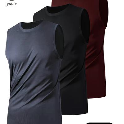 TEMU 3pcs Younte Men's Athletic Sleeveless Tank Tops In Gray, Black, & - Breathable, Quick-dry Polyester Fabric - Lightweight & Loose Fit With Round Neck For Gym Training & Workouts, Gym Clothes Image