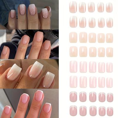 TEMU 96pcs French Ombre Square False Nails Set, Elegant French Tip Gradient & Combo With Jelly Glue & Nail File, Press On Nails Image