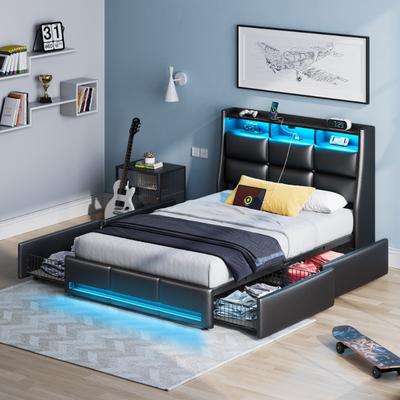 TEMU Bed Frame, Beds For Adults, Storage Headboard With Charging Station & Led Lights Bed Storage Headboard & Drawers, Heavy Duty Wood Slats, Easy Assembly