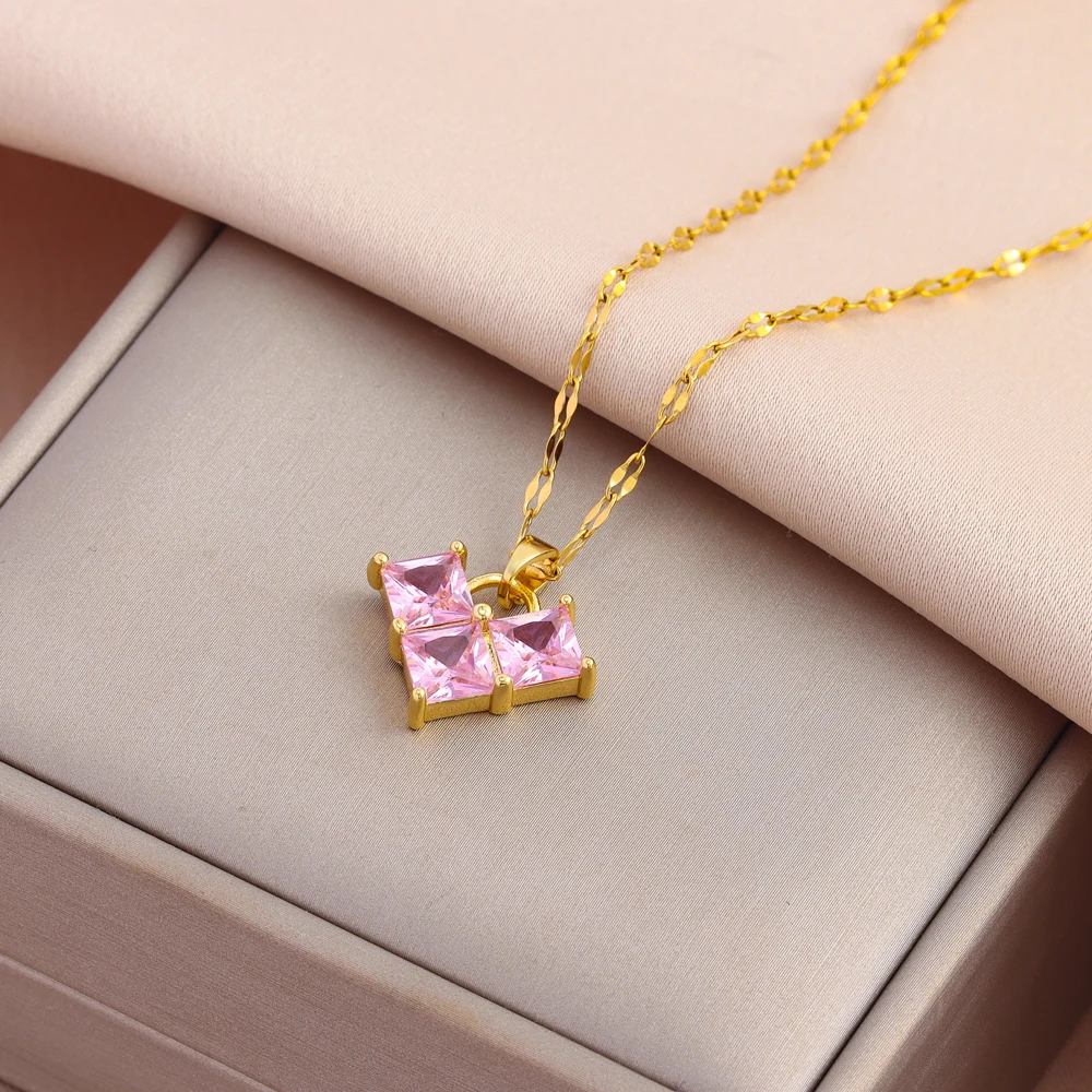 Neue 18K Gold Überzogene Sparkly Rosa Zirkon Kristall Herz Anhänger Halsketten Für Frauen Süße Sexy Edelstahl Hals Kette schmuck