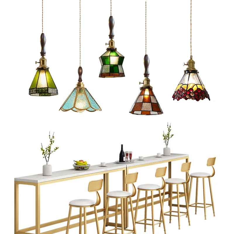 Retro Tiffany Glas Kupfer Pendel leuchte Schlafzimmer Hängelampen Esszimmer Wohnzimmer Loft Dekor Vintage LED Lumina ria Kronleuchter Messing Glas Pendel leuchte Küche hängen Kronleuchter für Decke