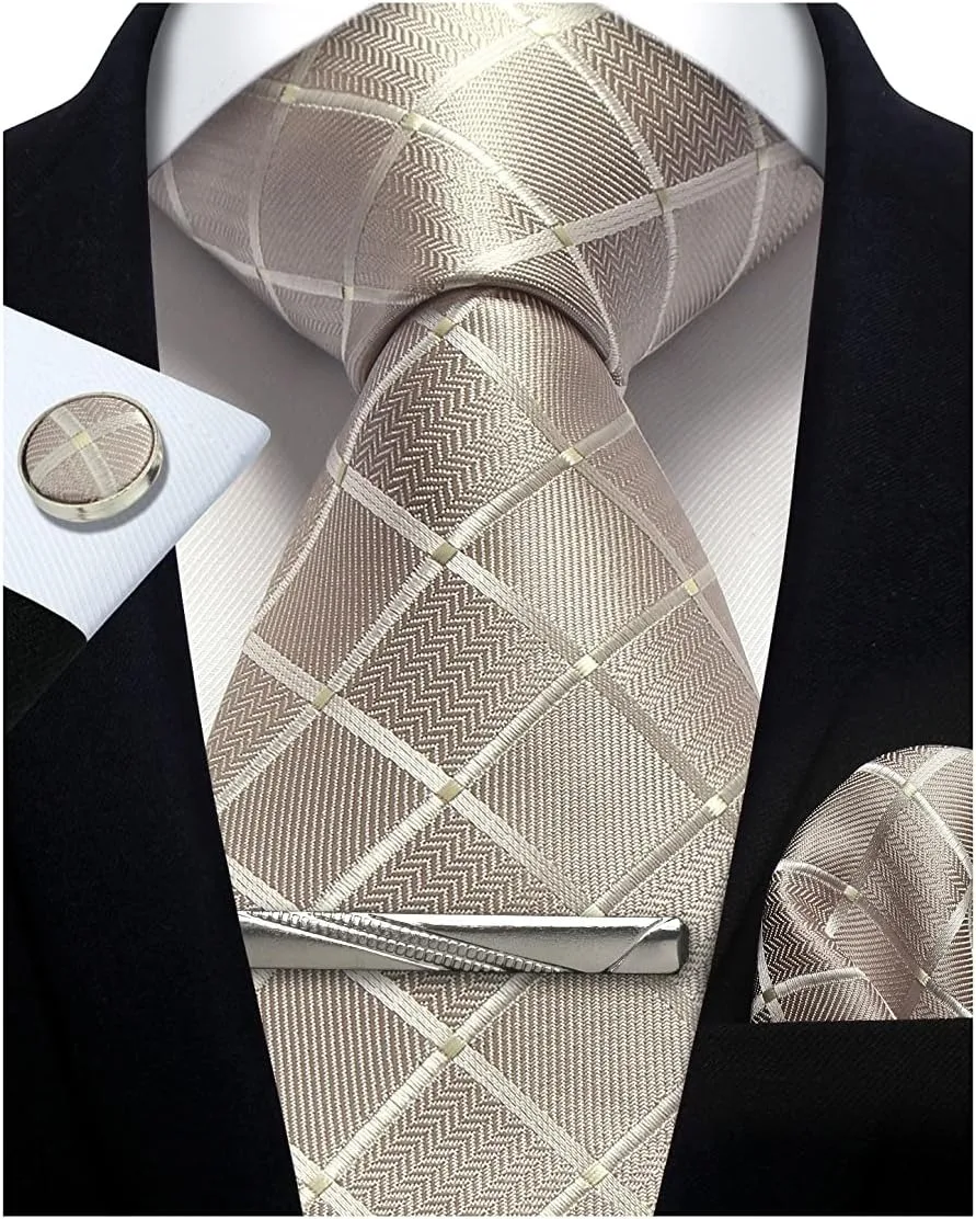 Cravatte in seta 100% per uomo Plaid e quadri Fermacravatta Fazzoletto in tessuto Cravatta classica da uomo Set fazzoletto da taschino Cravatte da sposa formali