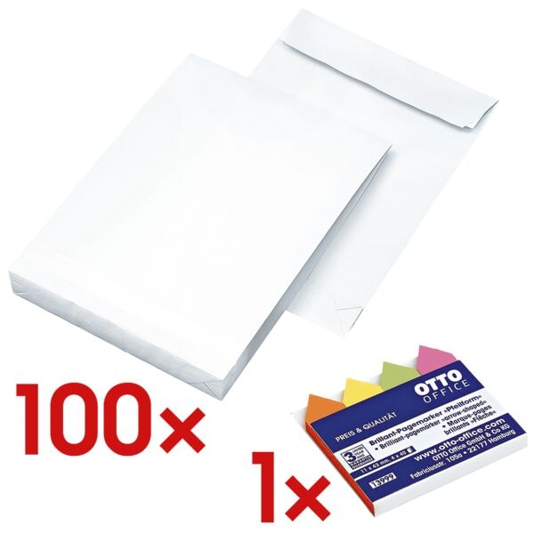 Mailmedia 100 Faltentaschen C4 ohne Fenster mit Haftklebung - 38 mm inkl. Pagemarker »Pfei weiß, 32.4x22.9 cm