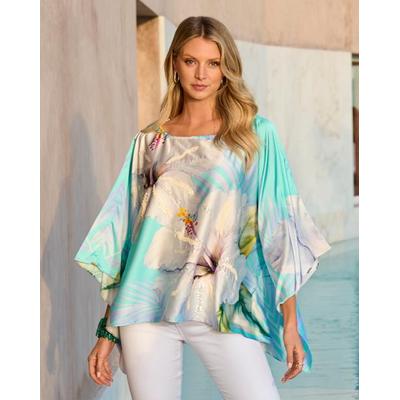 Boston Proper - Exploded Hibiscus Blue - Print Charmeuse Poncho - Large/XL